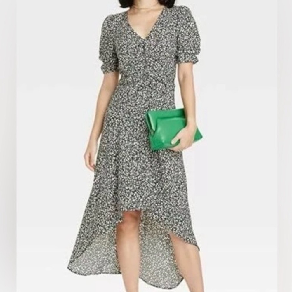🟠NWT A NEW DAY High Lo Dress with Cinch Detailing Cream/Black/Green Print SMALL
